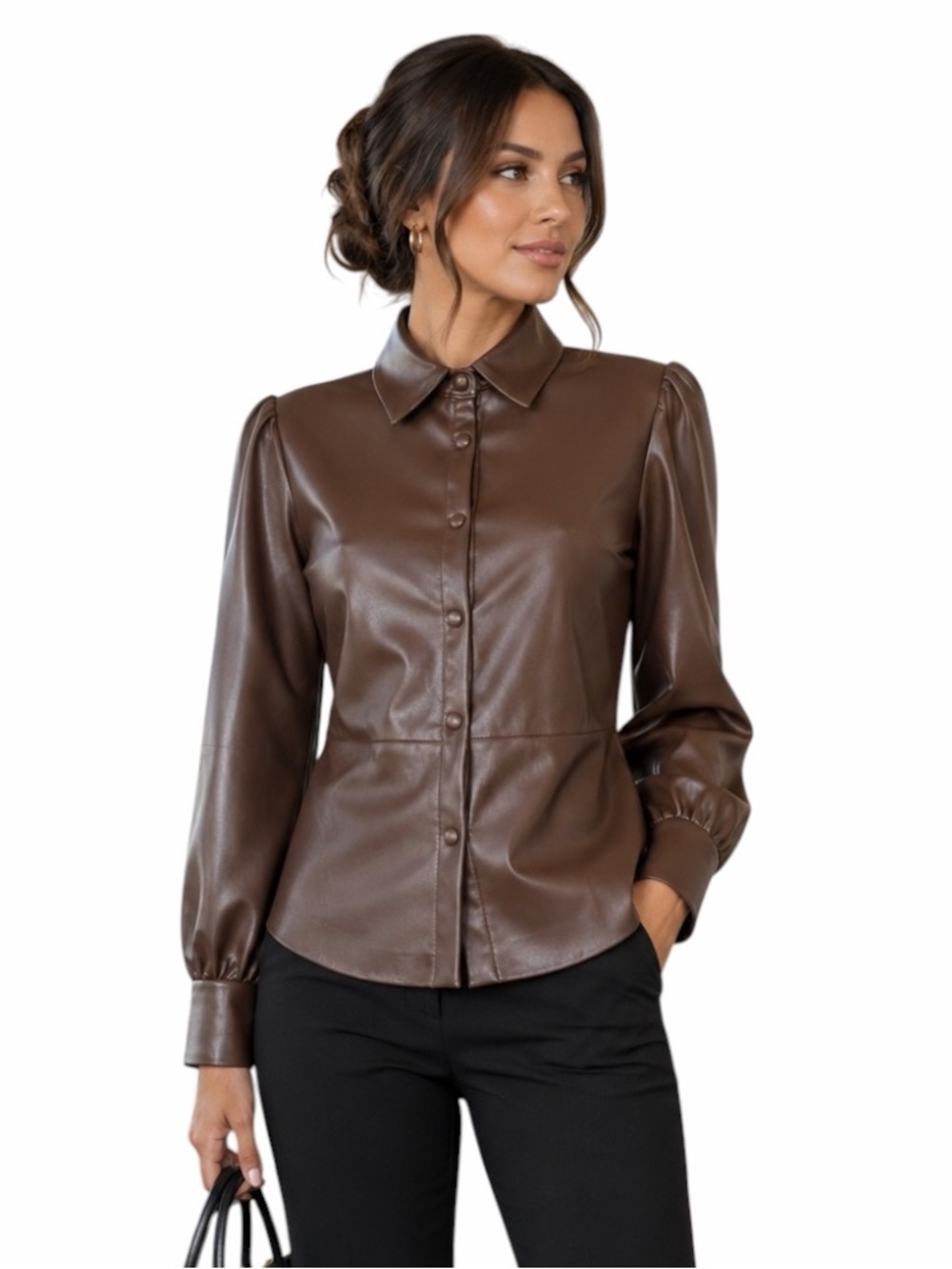 Shinestar Medium Brown Faux Leather Button Front Bliuse Shirt Vegan Boho Office